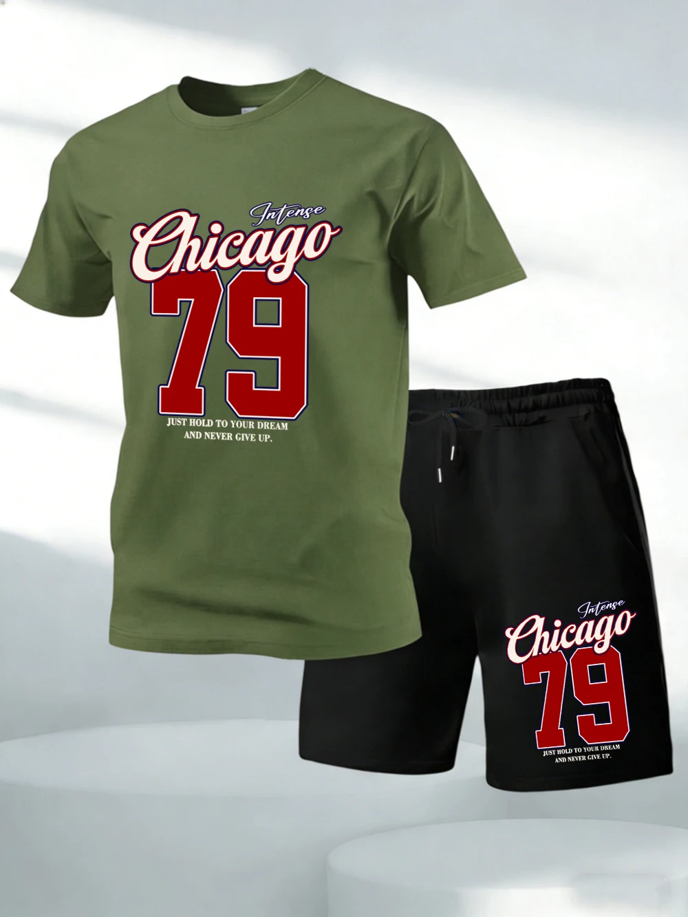 

Two Pieces Set Chicago 79 Never Give Up Printed Cotton Tops Shorts Mens Soft O-Neck Oversized T-Shirts Pocket High Waisted Pants