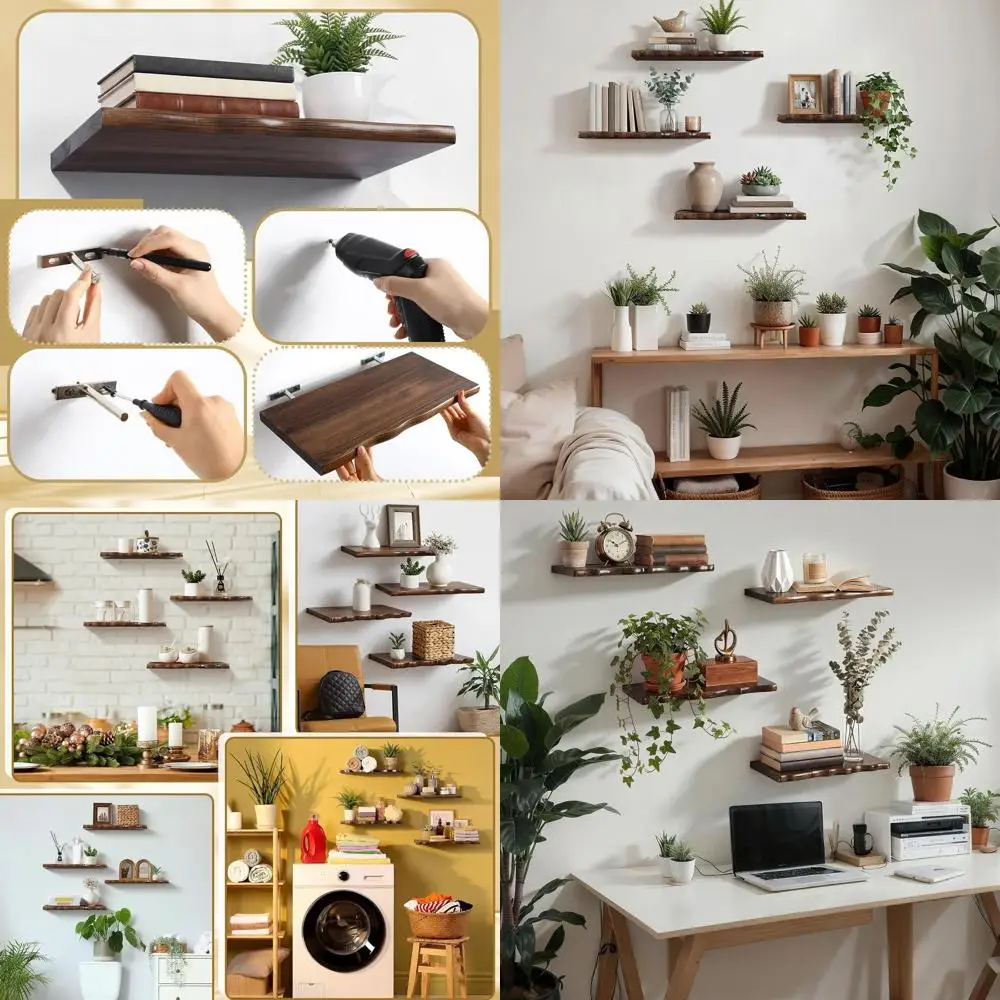 

Rustic Live Edge Pine Floating Shelves - Wall Mounted for Bathroom, Living Room, Bedroom, Kitchen (Walnut, 15.75)