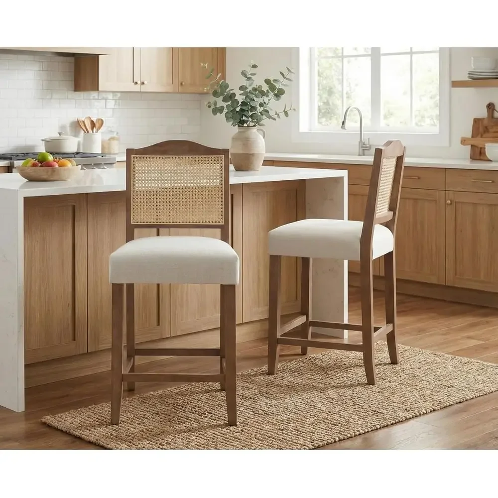 

Upholstered Rattan Bar Stools Set of 2 with Wood Legs, Linen Beige, 26.5In for Kitchen Island/Dining Room