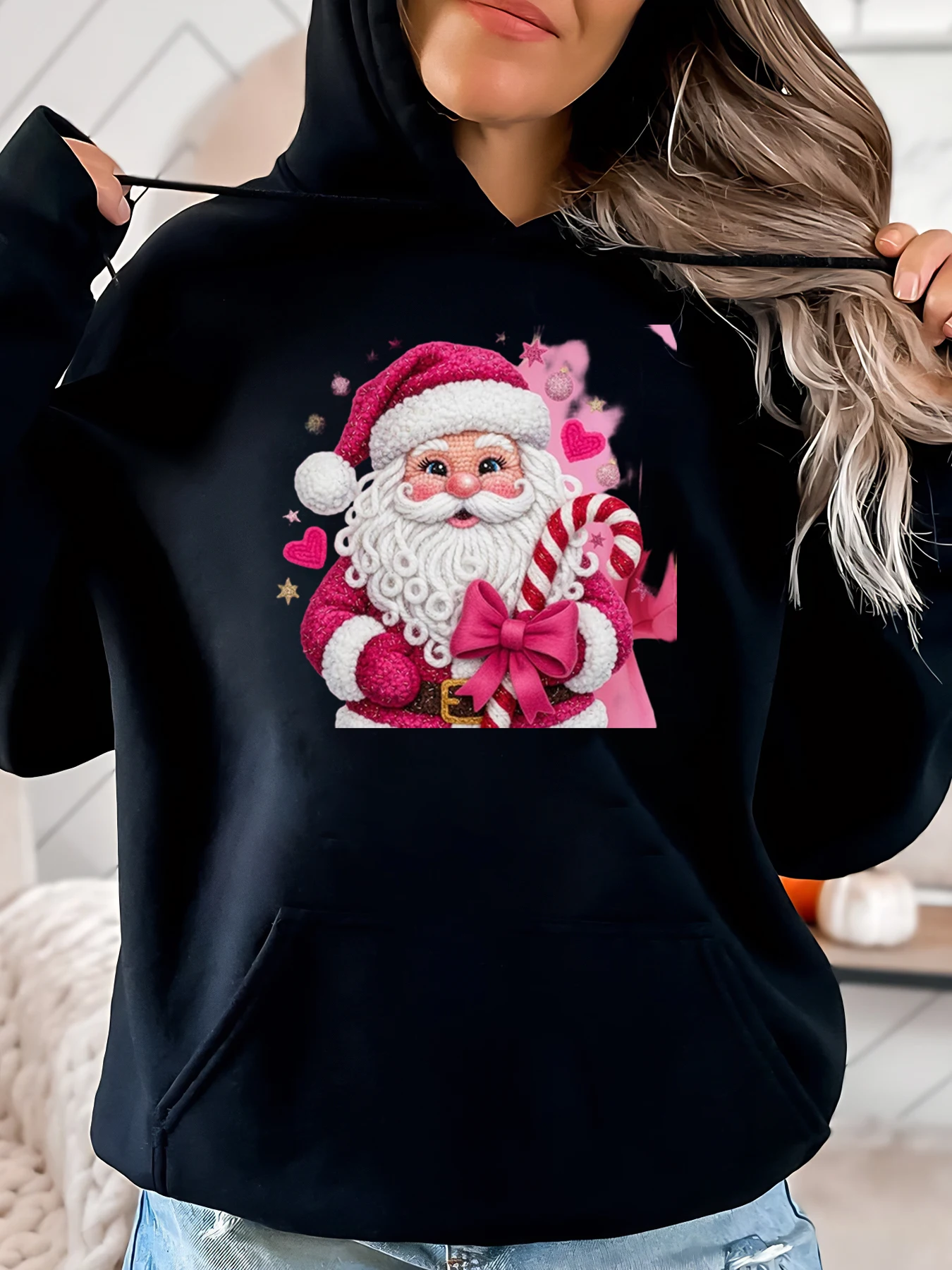 

Санта-Клаус с розовой конфетной тростью, рождественская толстовка с капюшоном, женская повседневная зимняя одежда, черный размер больших размеров