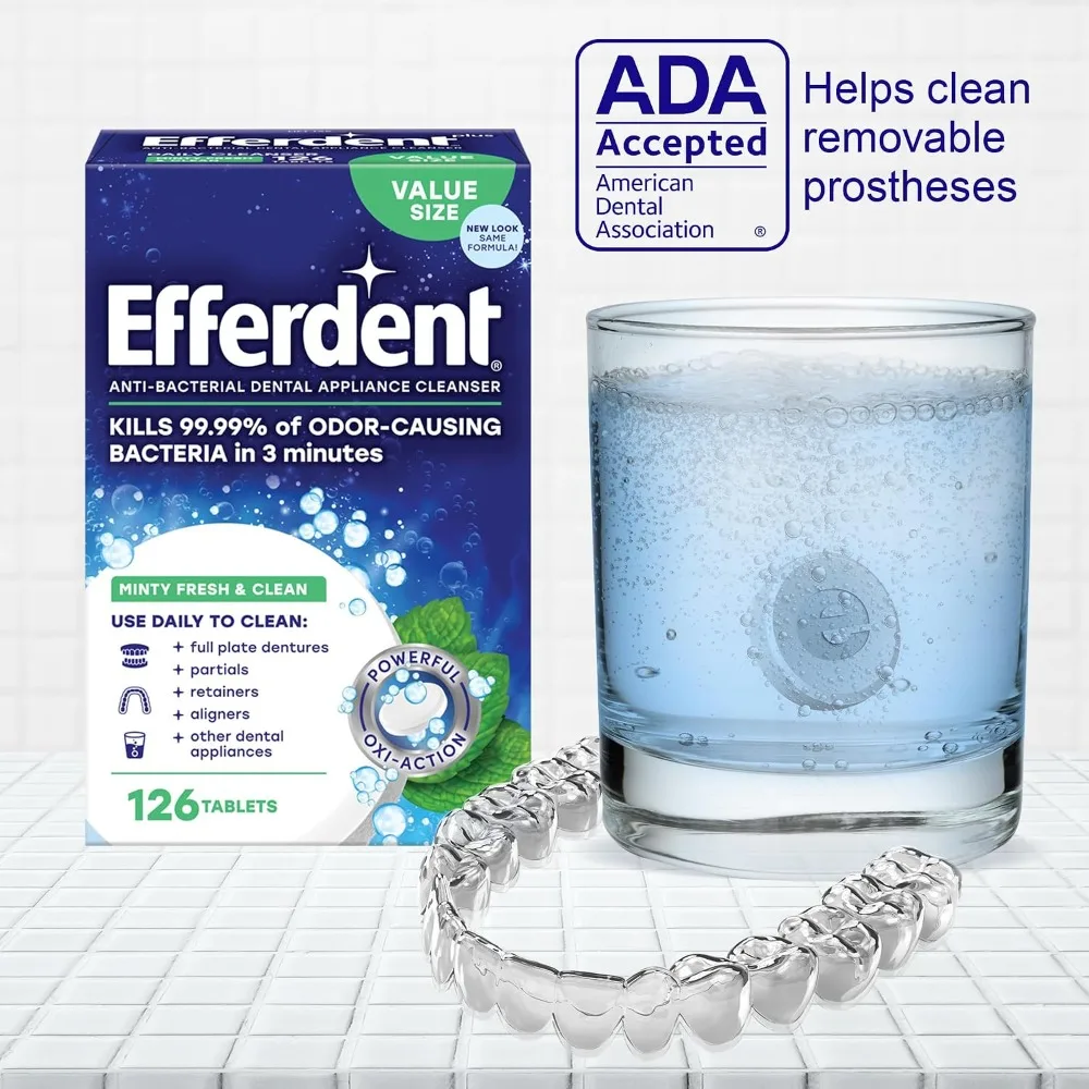 Denture Cleaner Tablets for Dental Appliances Aligners Mouth Guards and Retainers Extra Strength Minty Fresh Formula 90 Count Effervescent Cleaning Tablets Removes Stains Plaque Odor and Bacteria for a Deep Clean Safe view 4