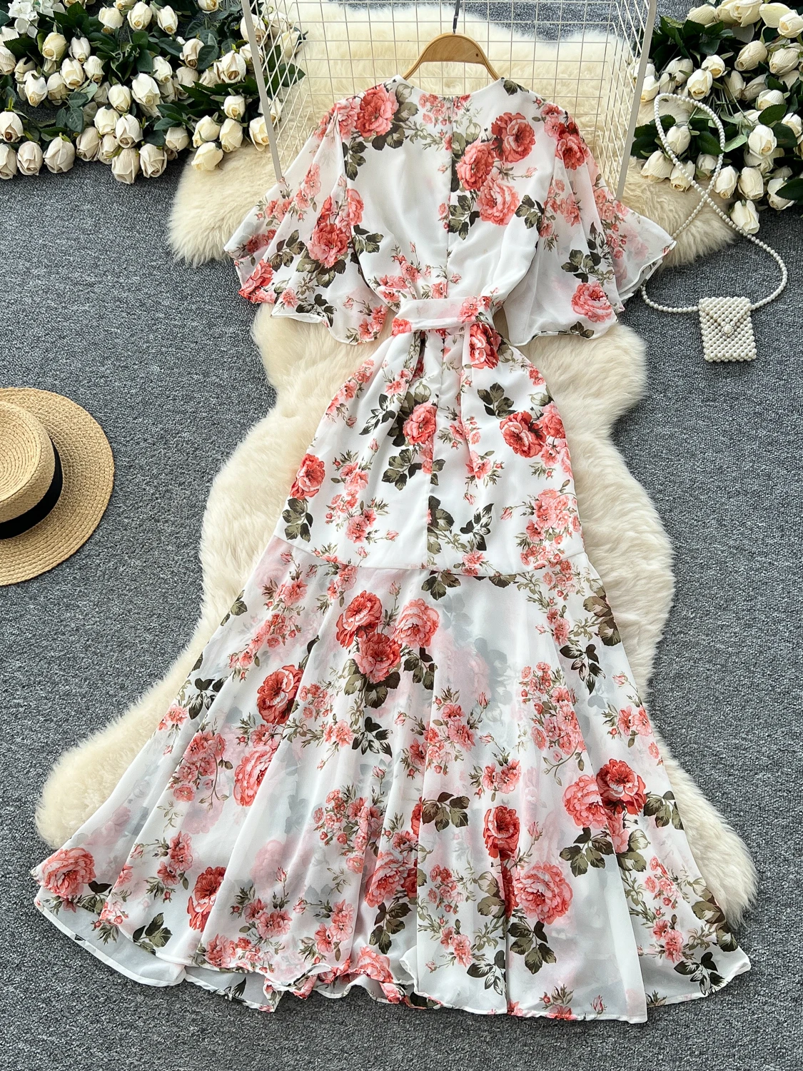Vestido longo de verão e f cintura alta saia linha a estilo floral imprão chiffon material manga curta versã...