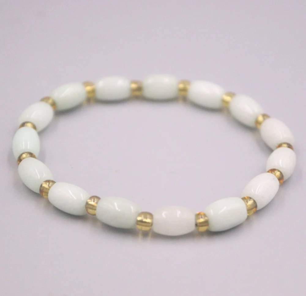 Natural Jade Women Lucky Gift 7mm Width Long Oval Small Beaded Elastic Bracelet