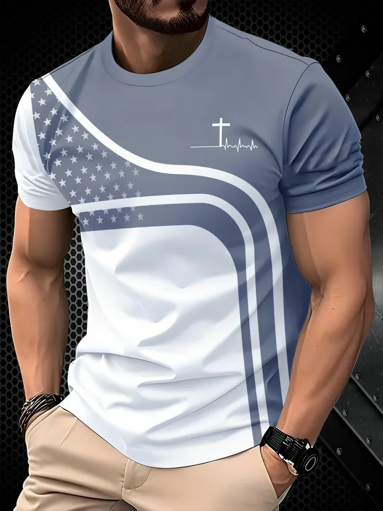 Modisches Herren-T-Shirt mit Herzschlag-Grafik, Farbblock-Design, Lässiger Rundhalsausschnitt, Patriotisch Inspiriertes Sommer-Kurzarm-Oberteil