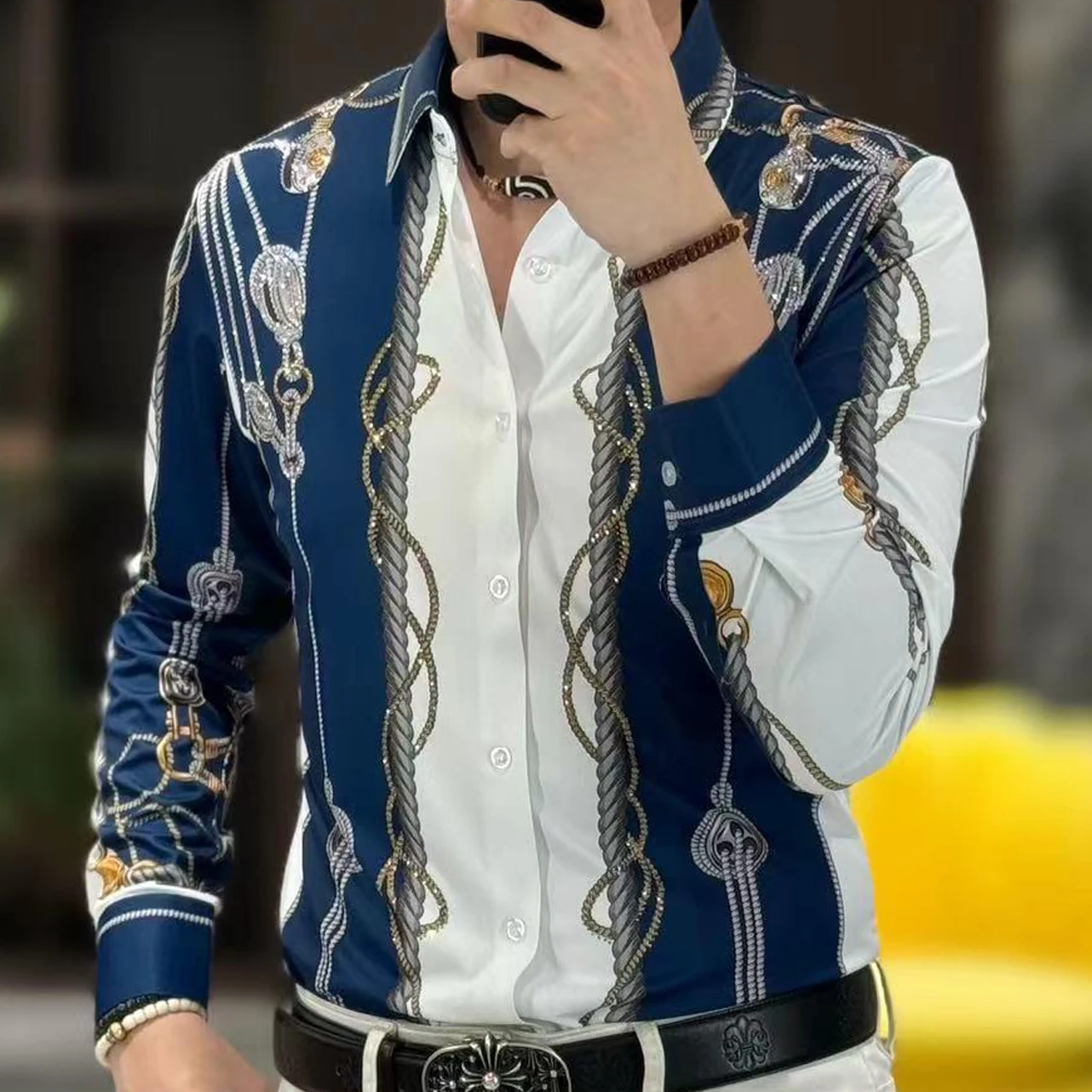 Camisa de esmoquin Vintage para hombre, Camisa con estampado de patrón de lujo, informal, ajustada, de manga larga, para fiesta y Club