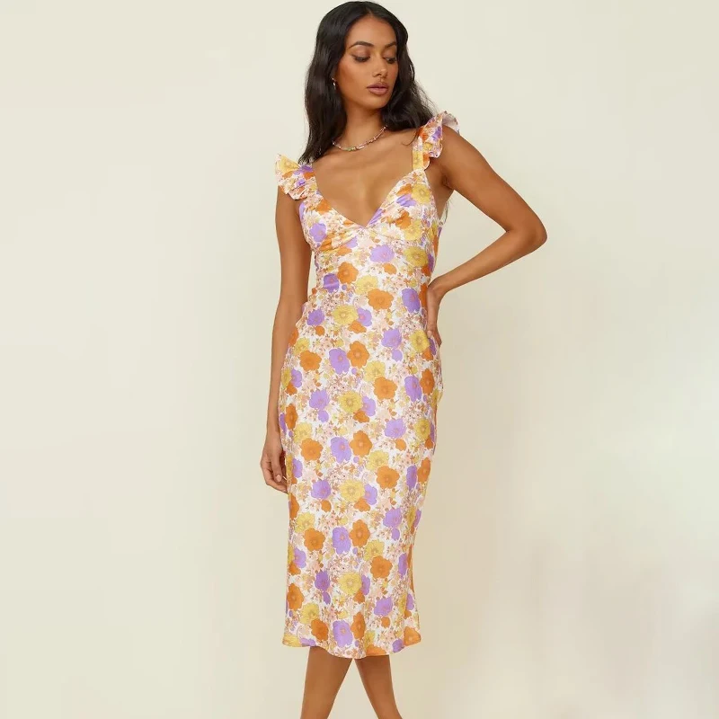 

Ardm Elegant V-Neck Ruffle Floral Print Summer платье женское Sexy Backless Bodycon Holiday Beach Midi Dress Vestidos