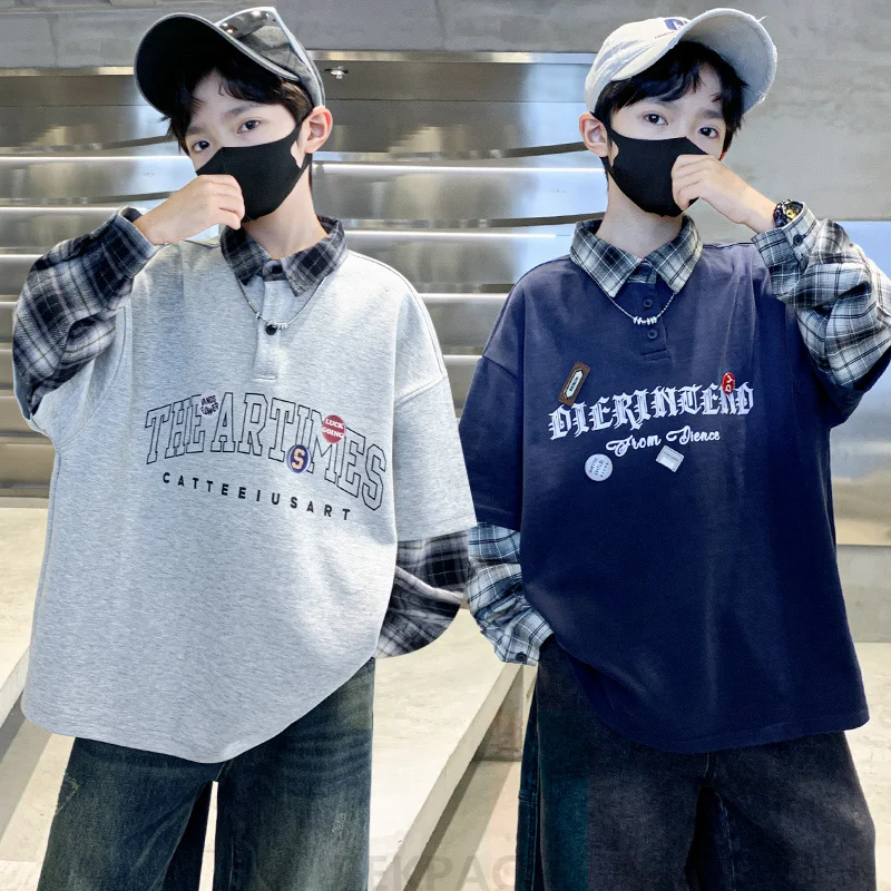

New Design Kids Fake Two Piece Plaid Collar Sweatshirt for School Boy Fashion Street Outfits Children Casual Cotton Polo Hoodie