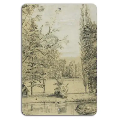 Croquis d'étang tranquille : la sérénité de la nature sur une plaque en aluminium et en étain