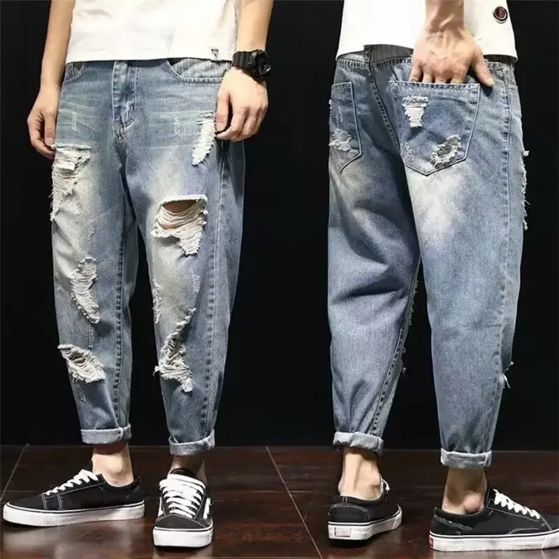 Plus Size 28-42 Men Ripped Jeans Spring Autumn Fashion Casual Hole Slim Loose Harem Baggy Long Denim Pants Streetwear