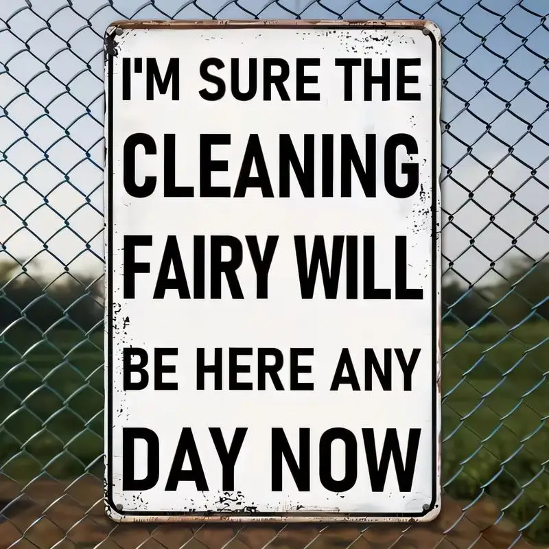 Vintage Distressed Cleaning Fairy Metal Tin Sign, Humorous White - Black Design, Iron Wall Decor for Home/Garage/Garden - Retro