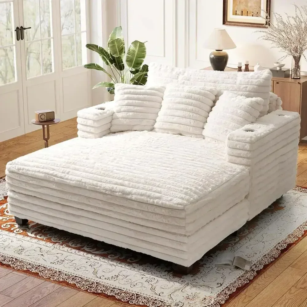 Oversized Upholstered Chaise Lounge Sofa Bed with Pillows, Armrests, and Sleeper Couch, Ideal for Living Room, Beige