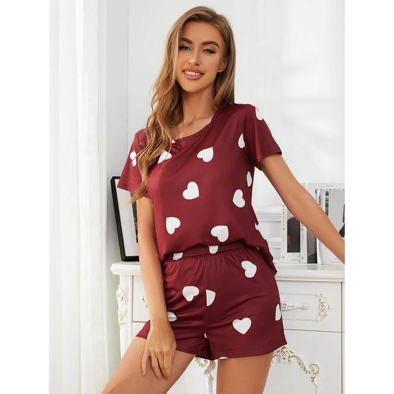

Heart Print Satin Pajama Set Short Sleeve Round Neck Top And Elastic Shorts Breathable Fabric Fit Ladies' Loungewear Sleepwear