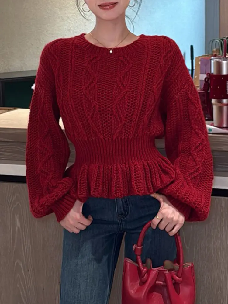 

Faionable Red Knitted Sweater Women's Oversized Casual Sle Hollow out Long Sve round Ne ort Coat Autumn Winter New...