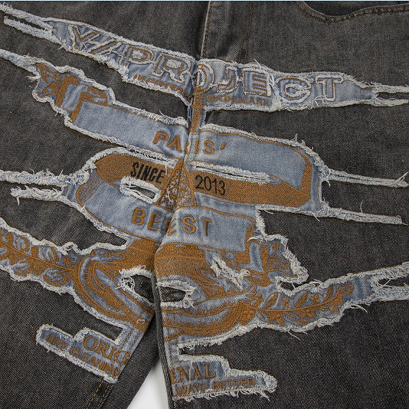 Europeu americano tendências projeto g/r jeans retalhos bordado tecido padrão calças de perna reta casual solto denim