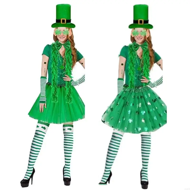 A0KD عيد القديس باتريك الرجال النساء ازياء اكسسوارات أطقم الأخضر شامروك تنورة أفضل قبعة جوارب مجموعة لمهرجان التصوير #4
