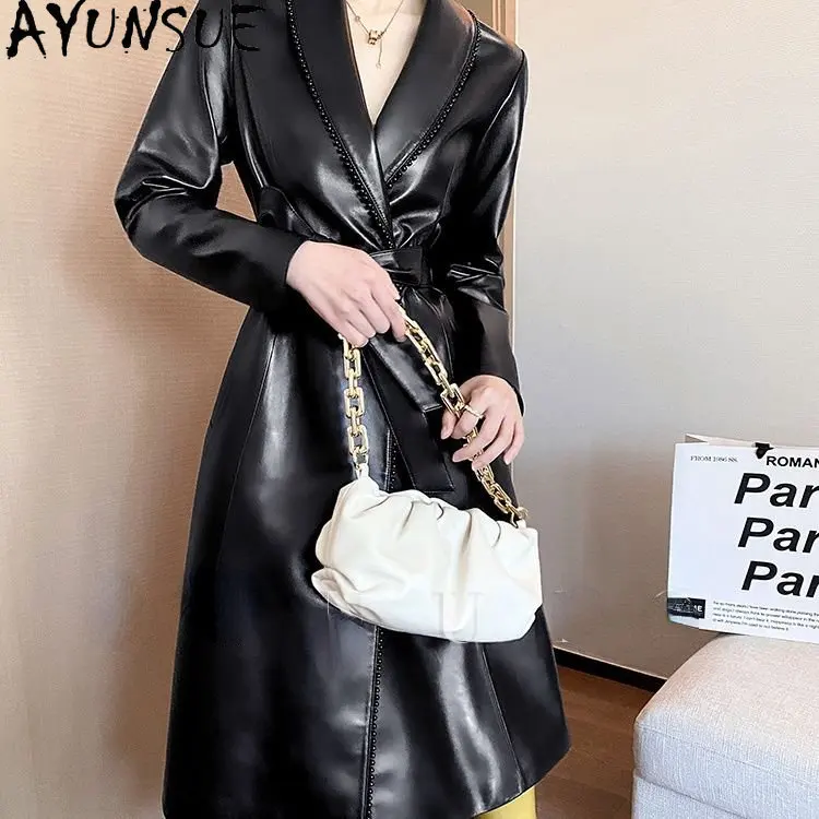 AYUNSUE 2023 Genuine Leather Jacket Women Mid-length Slim Leather Jackets Real Sheepskin Coat Designe Windbreaker Suit Collar