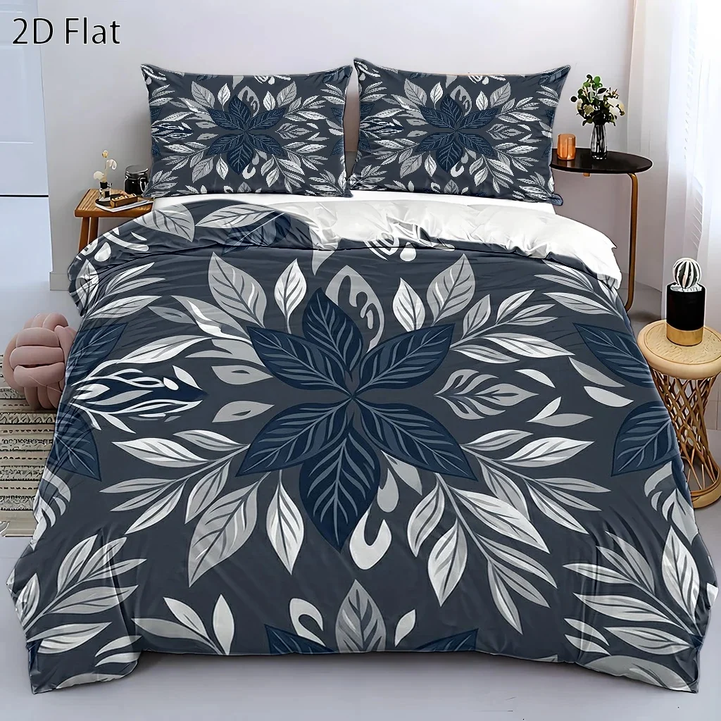 3Pc Simple Blue-Gray Plant Leaf Pattern Duvet Cover Set, Three-Piece Bed Set (1*Duvet Cover + 2*Pillowcases), Suitable for All Seasons, Machine Washable, Invisible Zipper Double Bed Cover, Suitable for Home, Dormitory, Master Bedroom, Guest Room, Large Bed Set, Fresh Natural Print Bedding, Comfortable, Skin-Friendly, Breathable Bedding Set, Nordic Style Minimalist Bedding, Fashionable Floral Pattern Duvet Cover, Hot-Selling Three-Piece Bedding Set, High-Quality Bedding Set, Easy to Care for