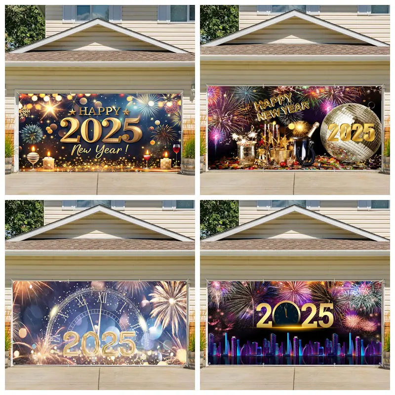 2025 Happy New Year Garage Door Decoration Backdrop Firework Clock Champagne Countdown to New Year Outdoor Background Banner