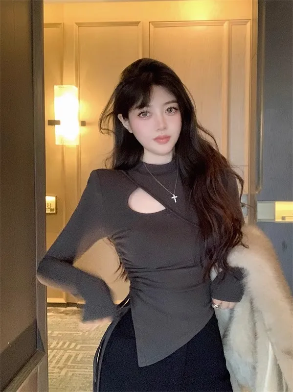 Unique Chic Asymmetric Hollow out ort Sve T-irt Women's Early Autumn New Sle Slim Fit Pure Desire Trendy Top