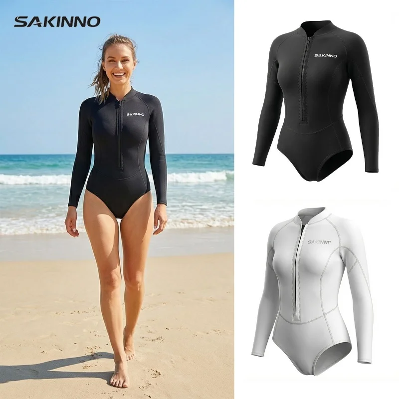 Women's 2mm Neoprene Swimwear Long Sleeve Bikini Wetsuit Diving Surfing Training Suit Keep Warm Swimming Free-dive Wear