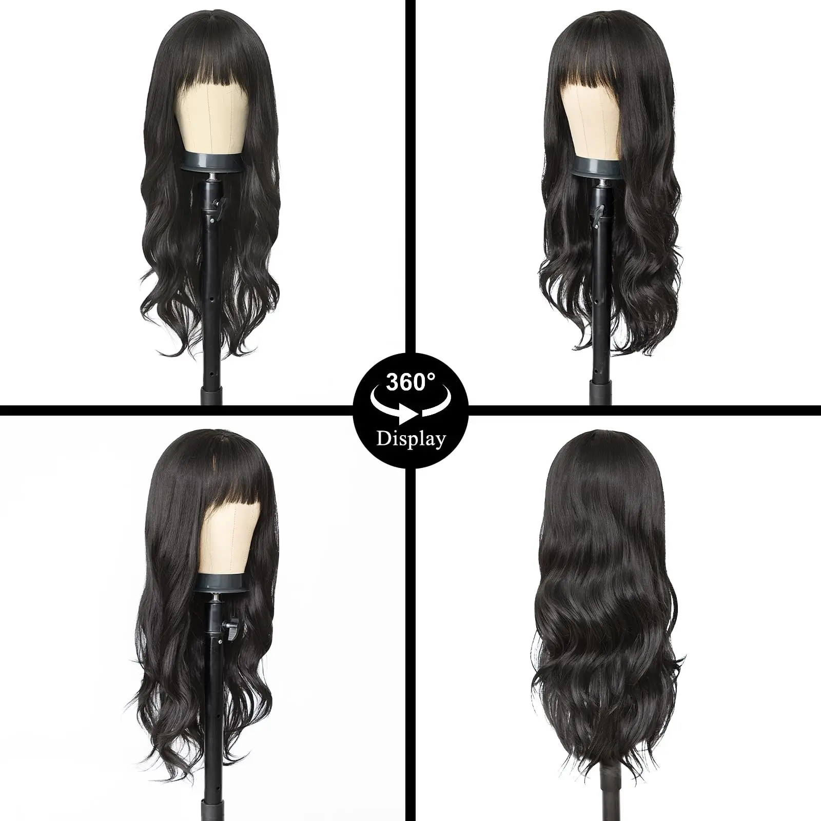 Black fashionable fringe wavy synthetic wig for Halloween party cosplay role-playing hair, daily wig, hot wire wig headband