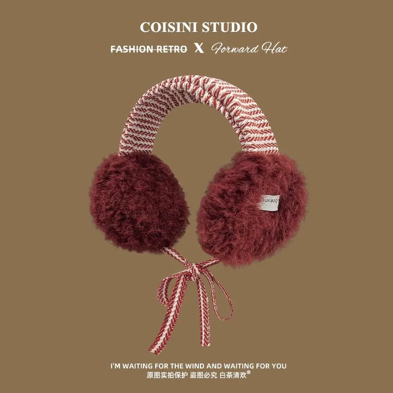 Korean Retro Contrasting Color Straps Plush Earmuffs for Women Winter Travel Warm Ear Protection Versatile Sweet Earflaps
