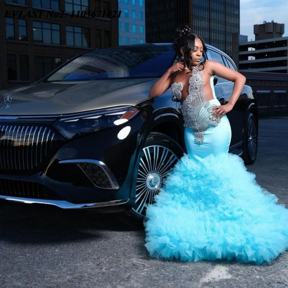 

EVLAST Customized 2025 Mint Blue Mermaid Prom Dress Black Girls Diamond Crystal Beaded Ruffles Aso Ebi Evening Party Gown E2P546