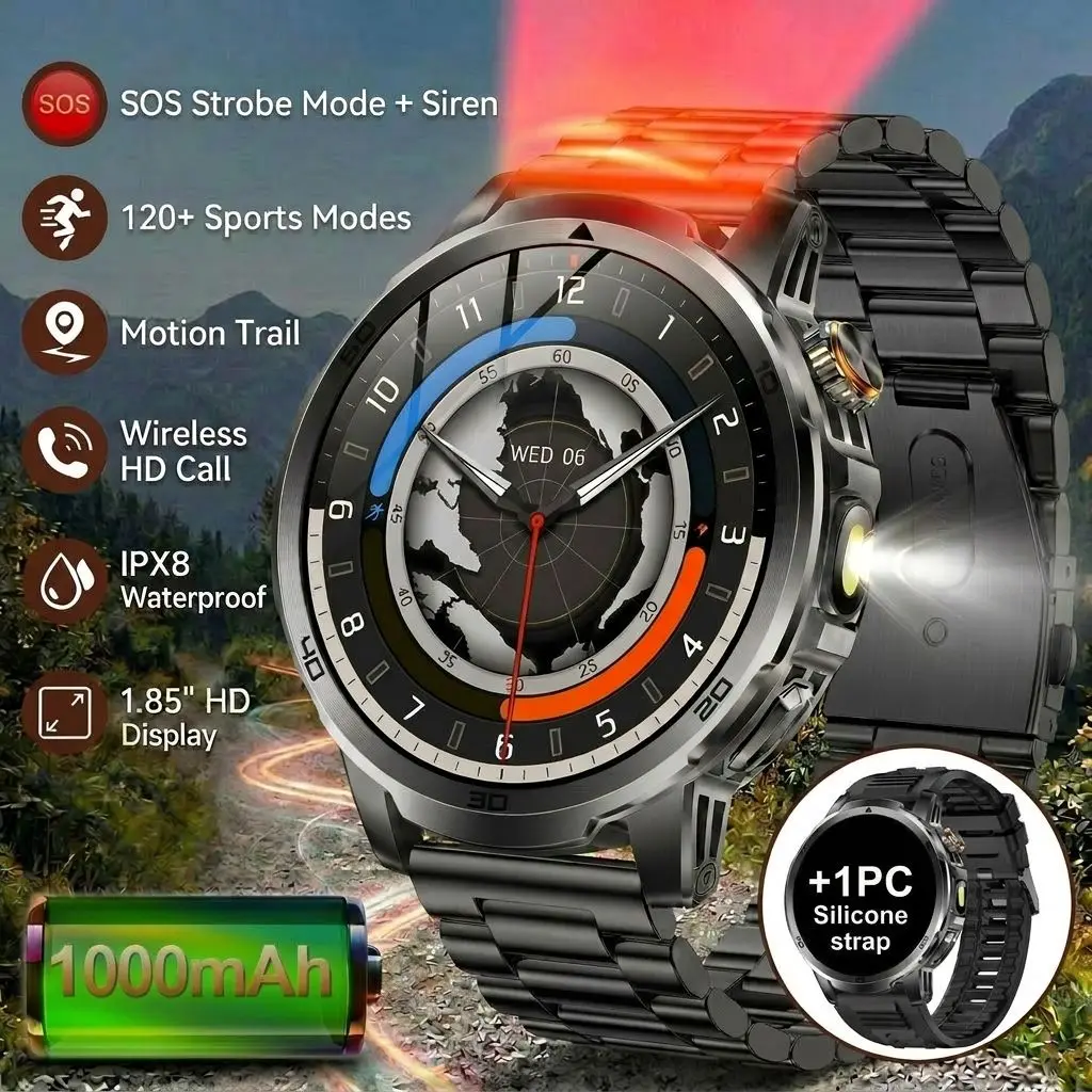 

2026 outdoor smartwatch,dual LED (SOS red+white),1.85''large screen,120+sports mode,wireless call,sports tracking Christmas gift