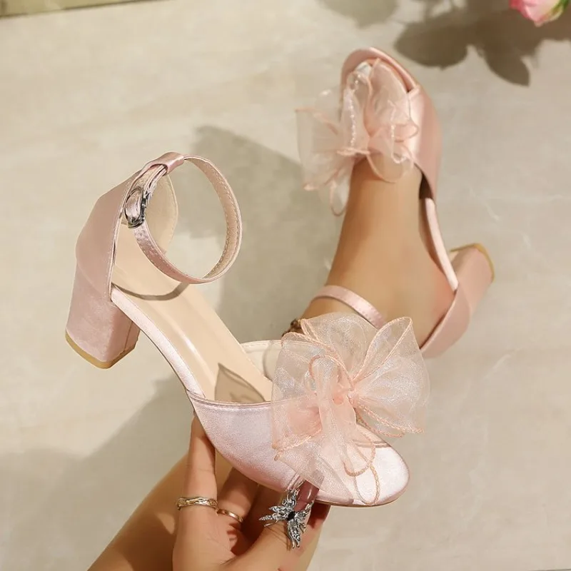 2026 Elegant Butterfly Pink Sandals Women Summer 2026 Sweet Ankle Strap Chunky High Heel Shoes