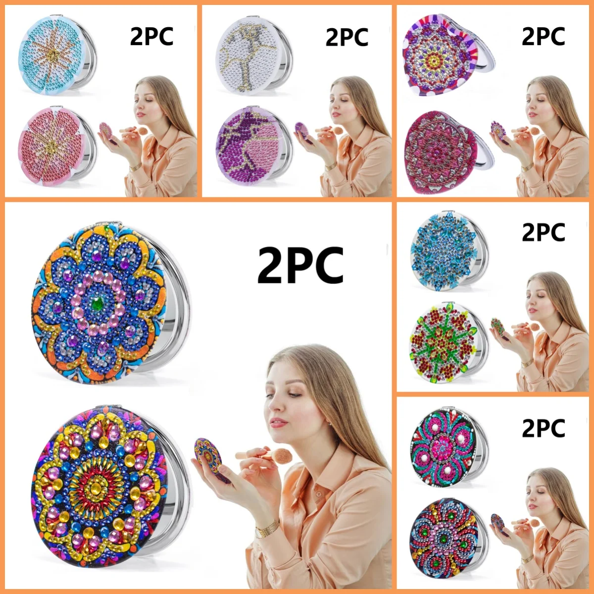 

Two mandala patterned crystal DIY folding makeup mirrors and skin care products, suitable for mirror cabinets