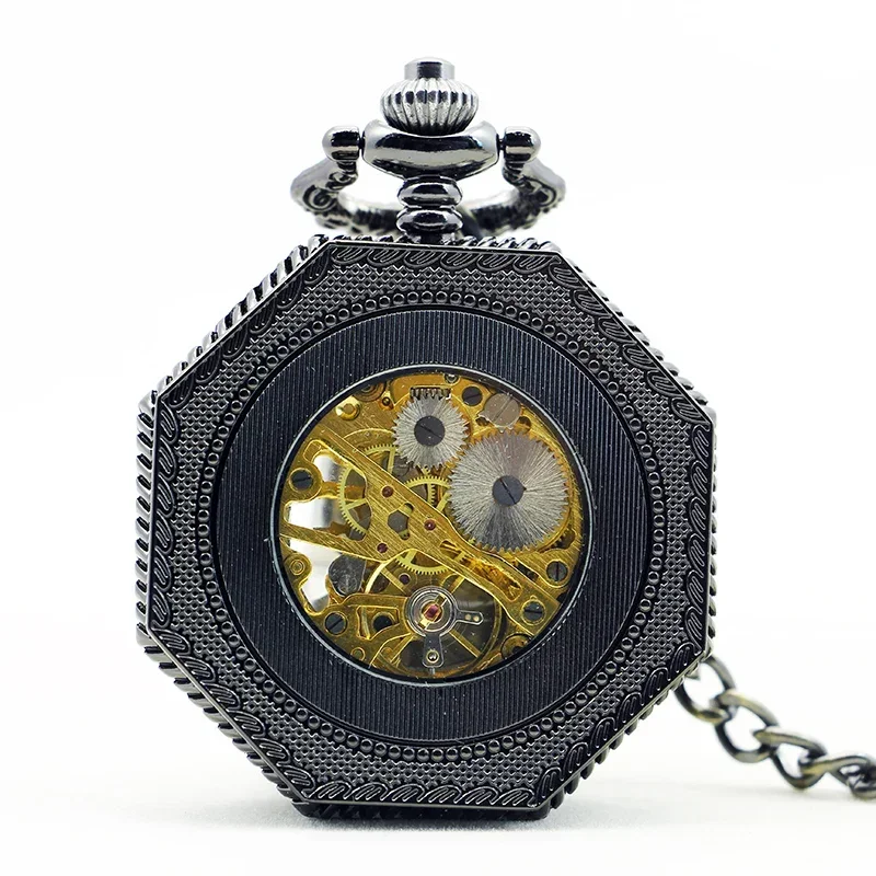 Black Hollow Fob Chain Zeshoekig Mechanisch Zakhorloge Mannen en Vrouwen Dame Horloges Heren Vintage Geschenken relojes de bolsillo
