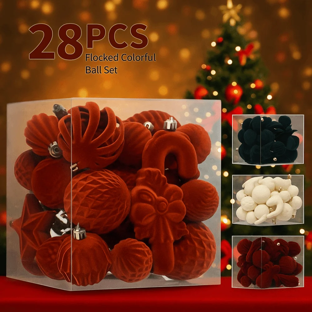 

28Pcs Special-shaped Flocked Christmas Balls Colorful Hollow Out Christmas Tree Pendant Shatterproof Reusable
