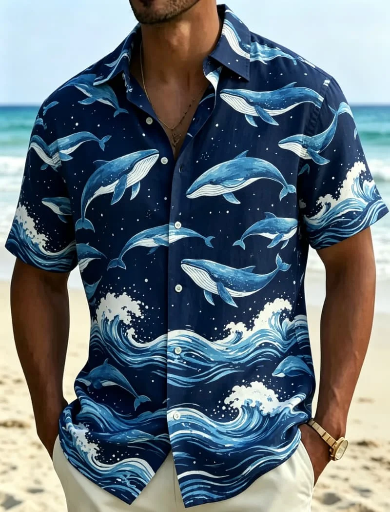 

Men's retro ocean themed printed casual shirt, suitable for summer travel, beach leisure, and daily casual wear