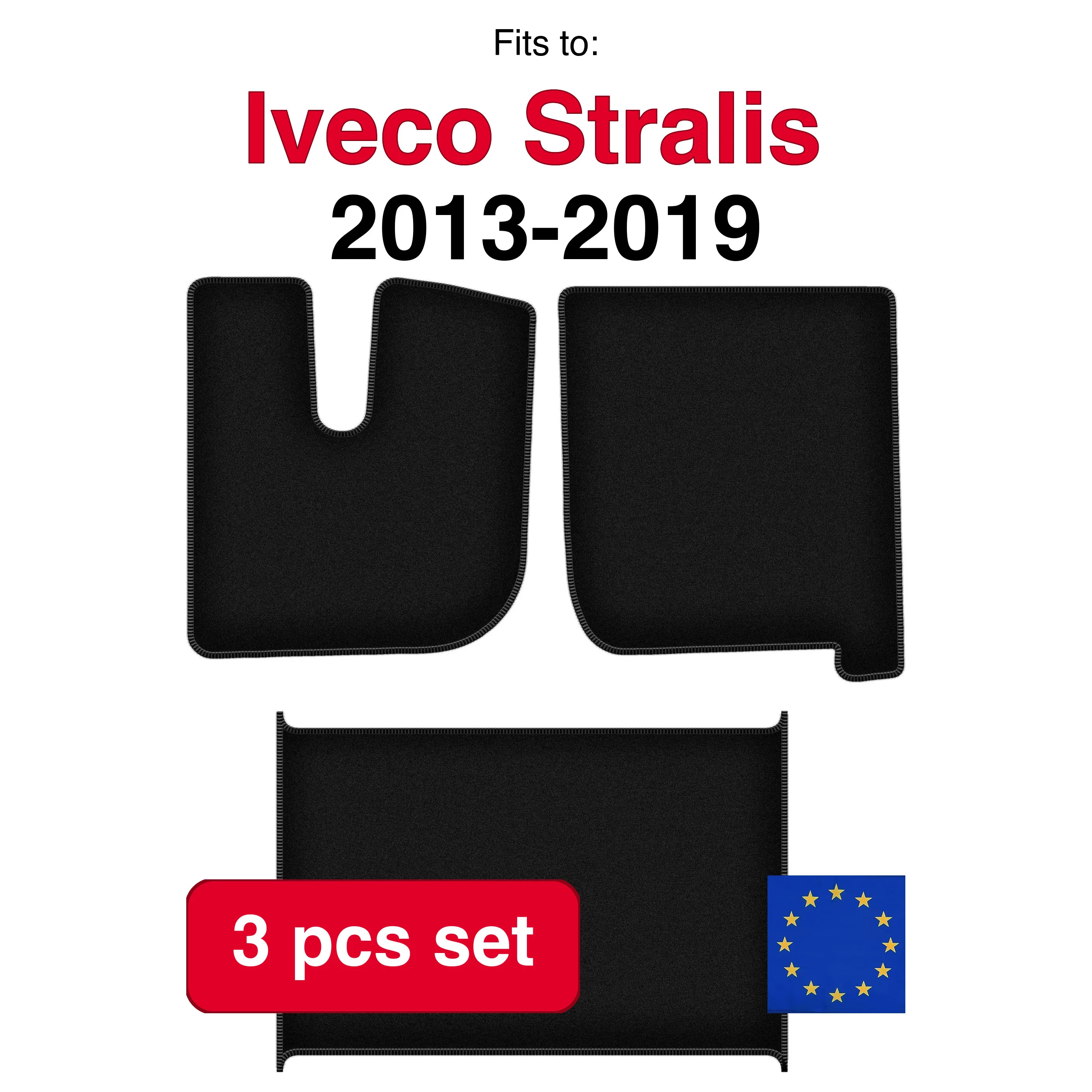 Image of Veloursteppich-Set für Iveco Stralis LKW (2013-2019) – Schwarz (3-teilig), passgenaues Auto-Fußmatten-Set