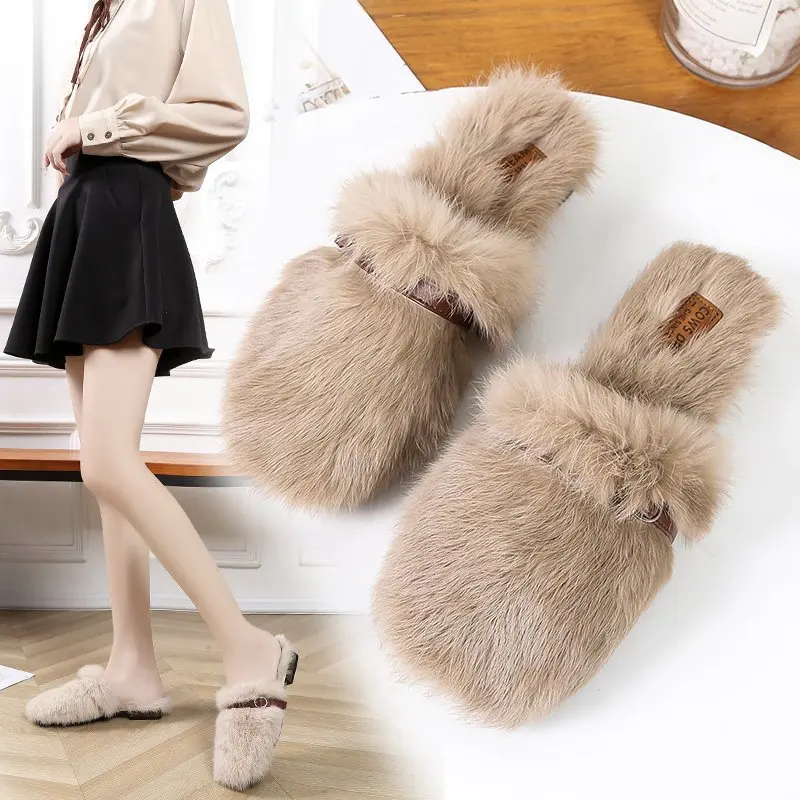 

Baotou Rabbit Hair Slippers Women 2023 New Fashion Belt Buckle Muller Shoes Flat Heel Lazy Cotton Slippers Luxury Plush shoes