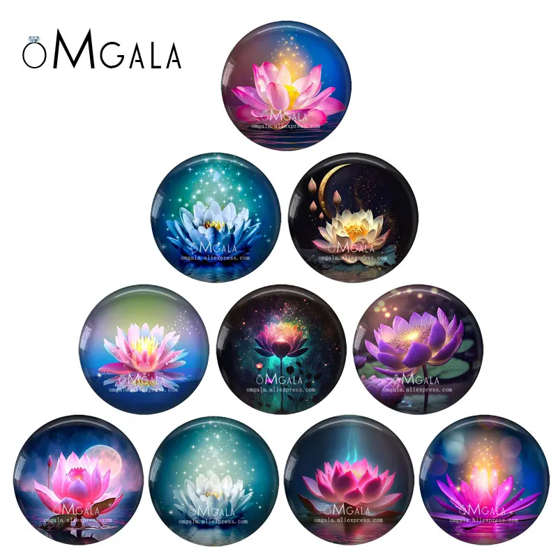 Beautiful Pink Blue Lotus Flower Art Pattern 10pcs 12mm/18mm/20mm/25mm Round Photo glass cabochon demo flat back Making findings