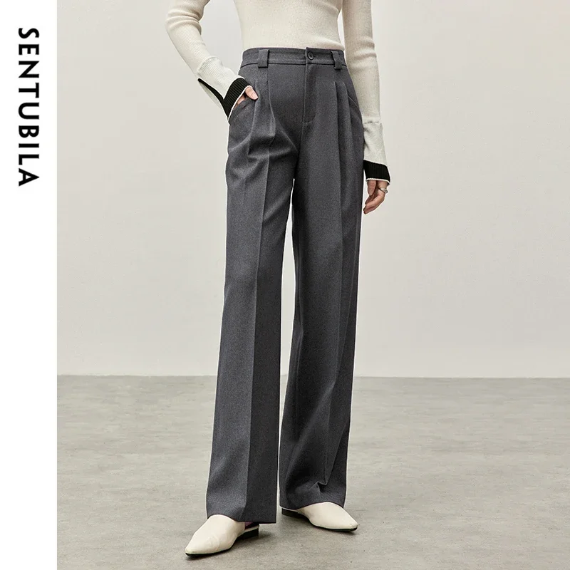 

SENTUBILA Straight High Waist Pants Women 2025 Autumn Folds Full-length Pant Texture Twill Office Lady Female Clothing 143K56971