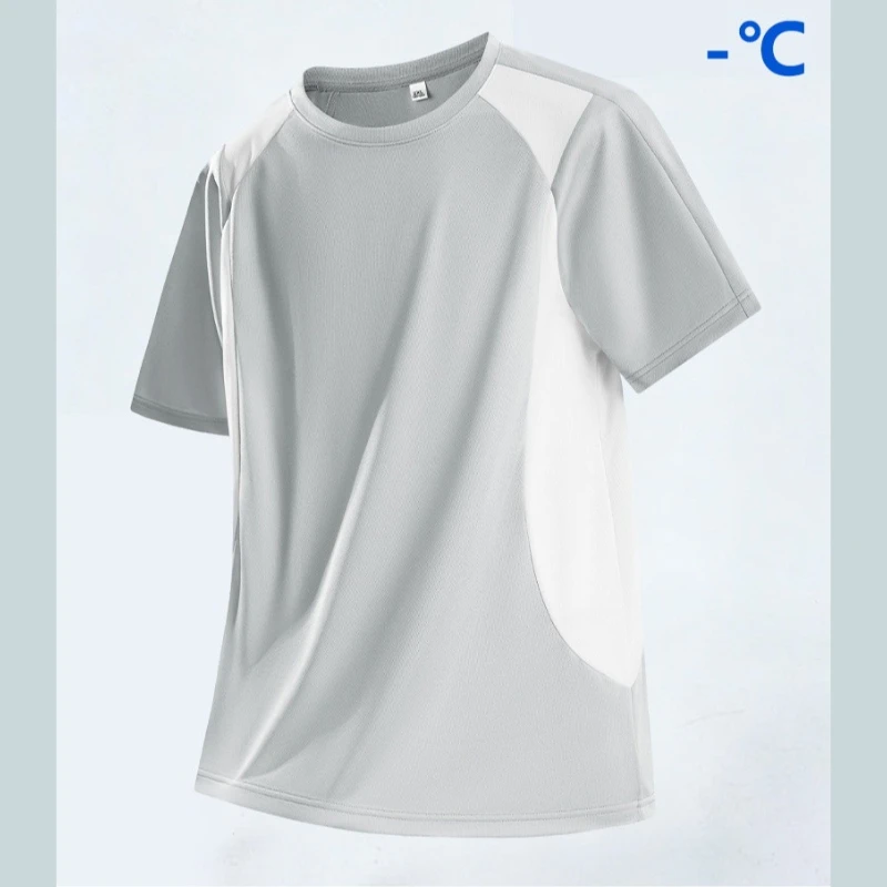 Ice Silk Color Block Running T-shirt Men Short sleeved Sportswear Summer Round Neck Quick Dry Sports Outdoor Patchwork T-shirts