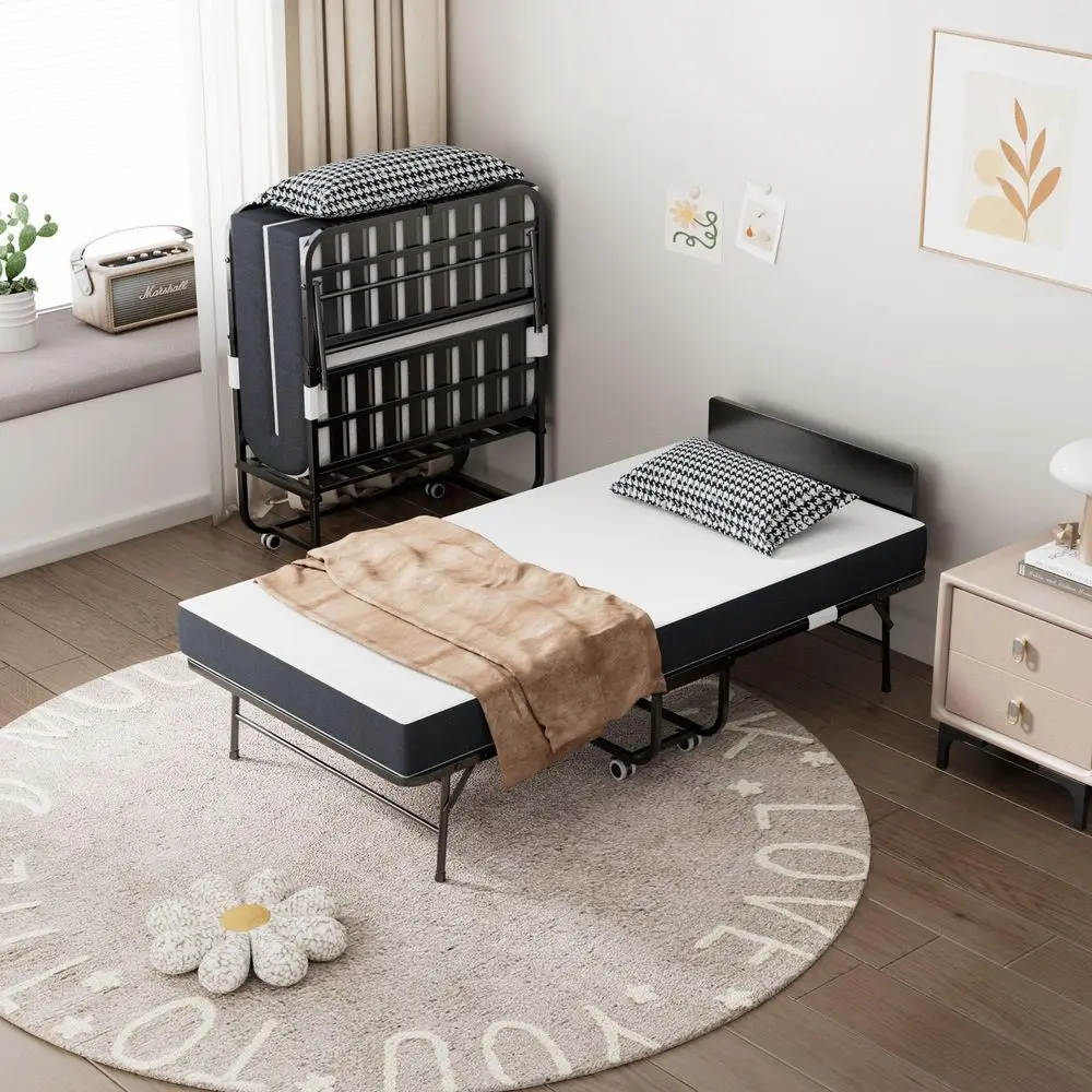 

Bed with Mattress for Adults, 75 x 38 Foldable Beds with Headboard, Portable Roll Away Bed on Wheels, Folding Metal Beds Frame