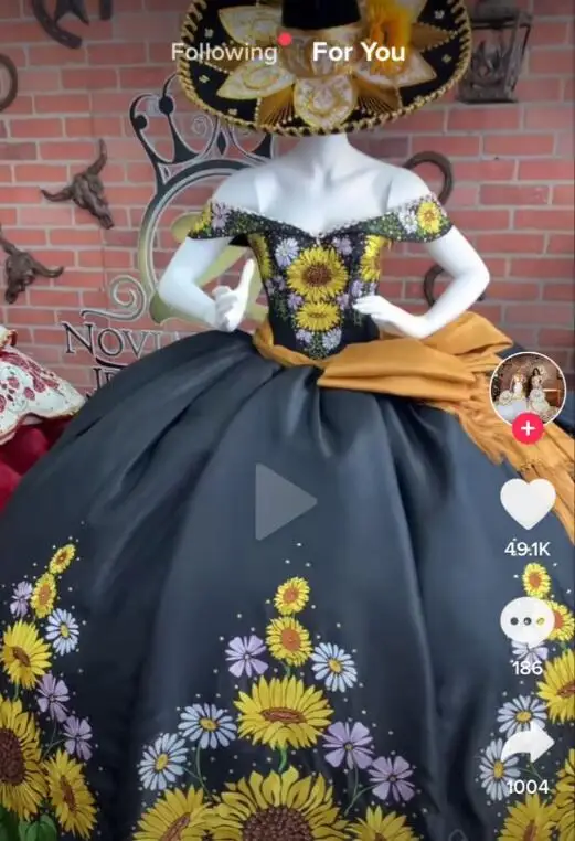 Vestidos de quinceañera Charro negro, vestido de baile sin hombros, bordado hinchado mexicano dulce 16, 15 años