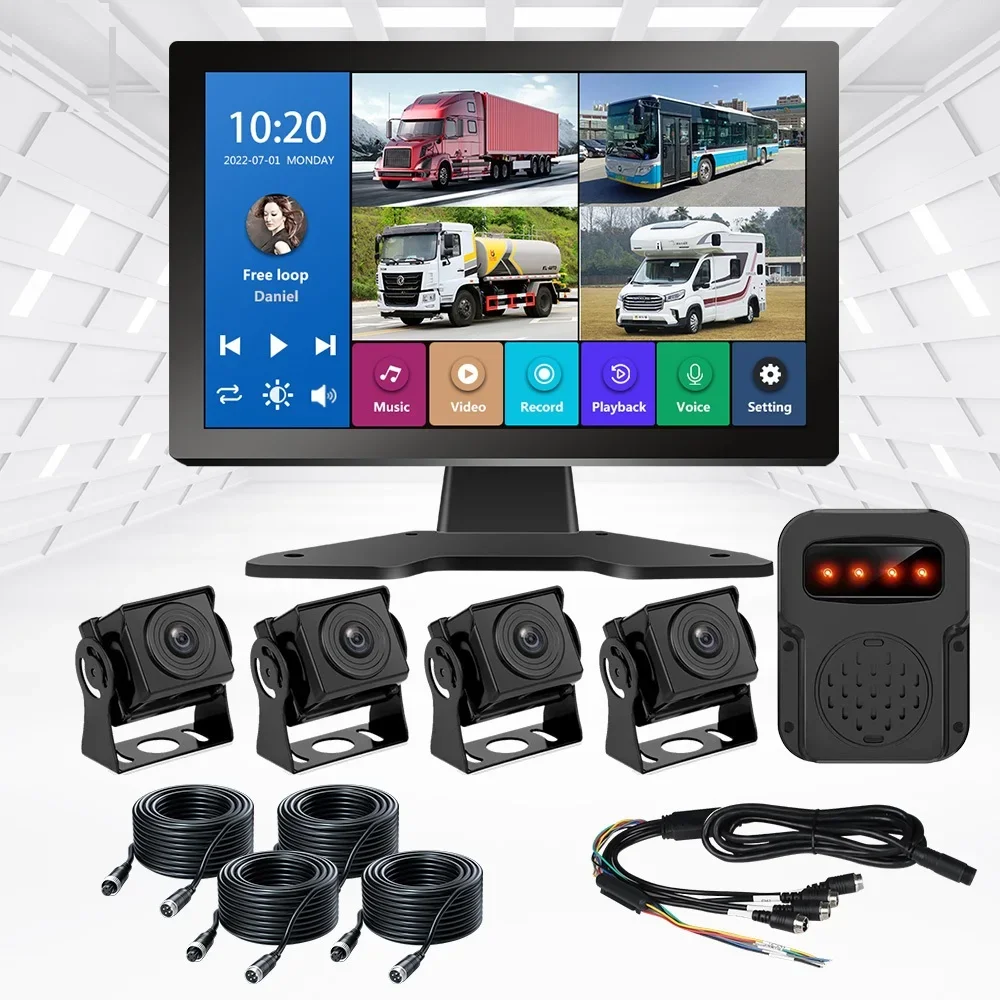 10 Inch AI Touch Screen 4 Channel Dash Cam Blind Spot Detection BSD Front and Rear 4k Quad Universal Split Screen Camera System