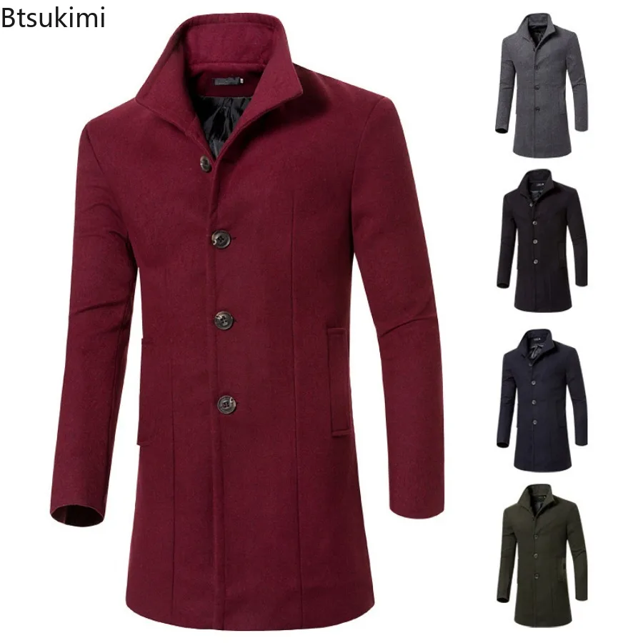 

New Men's Warm Woolen Trench Jacket Solid Slim Woollen Jacket Coats Male Fashion Windproof Stand Collar Long Outwear for Men