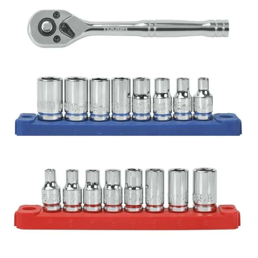 

19-Piece 1/4-inch Drive Ratchet and Socket Set with SAE and Metric Sizes, Compact Storage Case, Chrome Finish, Ideal for Automo
