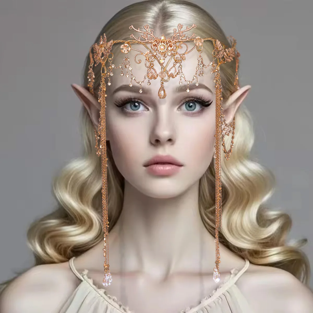 Exotic Style Elf Princess Hair Accessories Crystal Beads Long Chains Tassel Crown Tiara Bride Wedding Headdress Hair Accessories