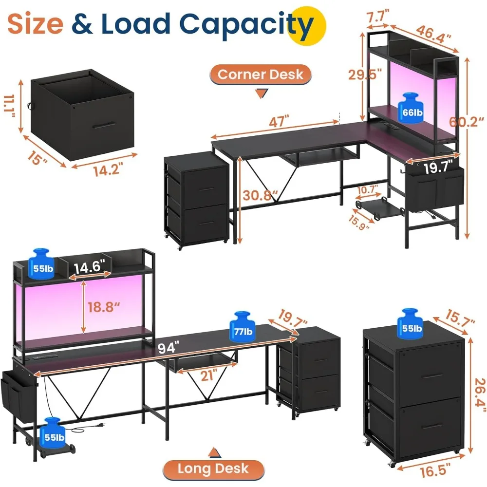 مكتب ألعاب على شكل حرف L مع صينية لوحة مفاتيح، مكتب كمبيوتر قابل للعكس مع مخرج طاقة، مكاتب مكتب منزلية زاوية، كابينة ملفات متنقلة