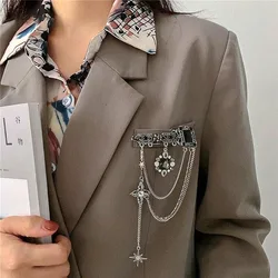 Vintage Fashion Black Crystal Sparkling Rhinestone Brooch Creative Star Tassels Chain Brooches for Women Men Suit Lapel Pin