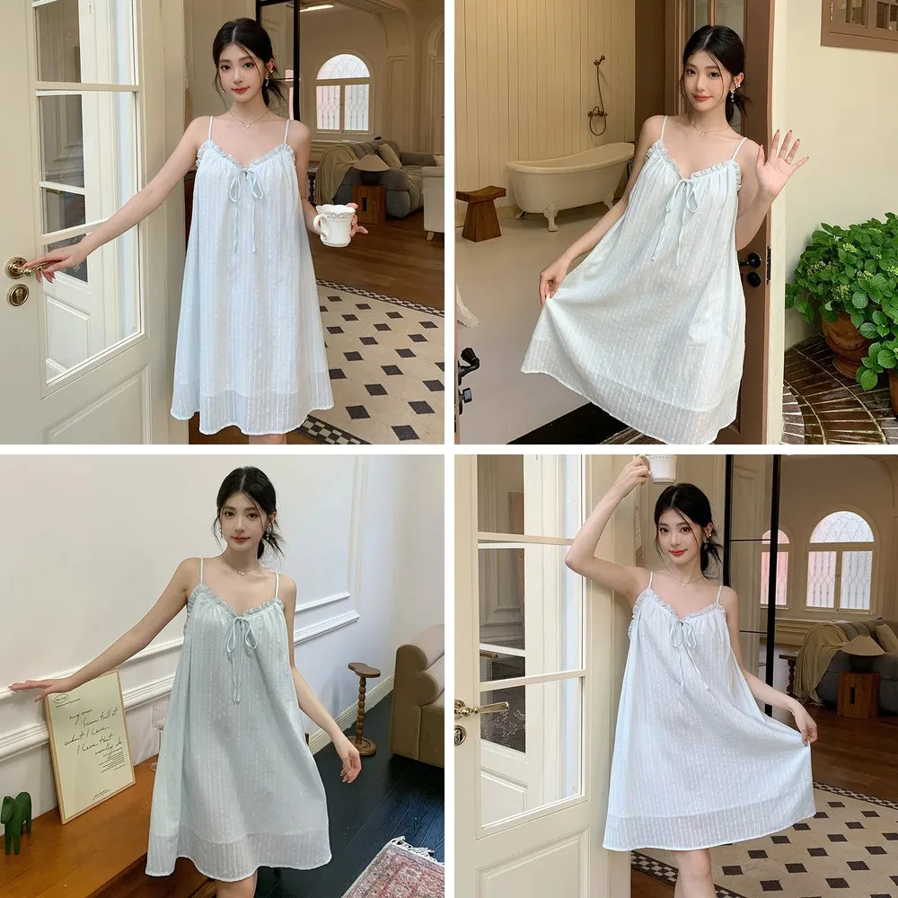 

French Style Women's Cotton Camisole Nightgown, Adjustable Straps Summer Sleepwear Solid Color