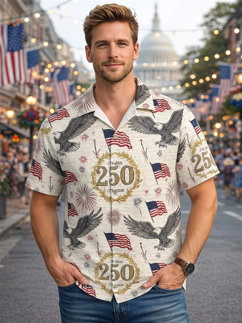 Men Hawaiian Shirt America 250 1776–2026 Vintage Patriotic Shirt Summer Fashion America Celebration Button Down Beach Shirts New