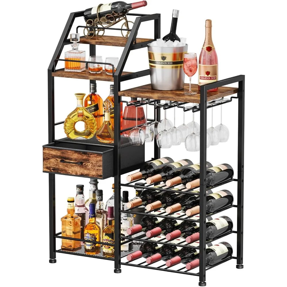 

Wine Rack Freestanding Floor - Multi-Tier Liquor Cabinet with Fabric Drawer, Liquor Bottle Display Shelf with Glass Holde