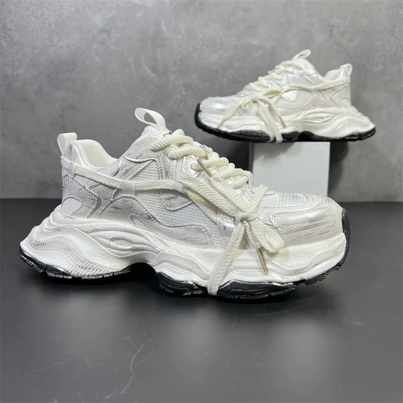 

New platform men's dad shoes 2025 mesh height increase casual breathable white shoes